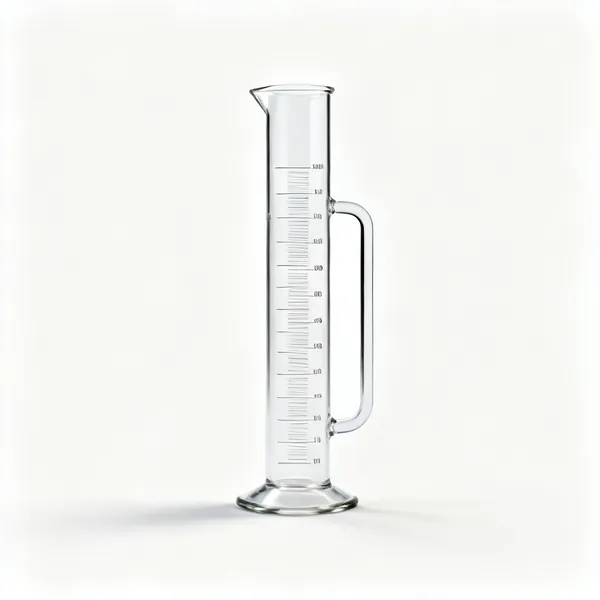 A tall glass graduated measuring cylinder