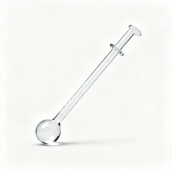 A glass volumetric pipette with a single bulb