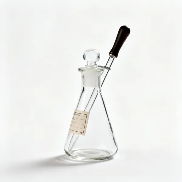 A glass reagent bottle with a stopper and label