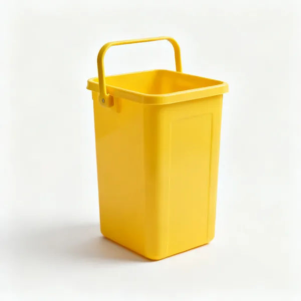 Sharps bin: A yellow rigid sharps disposal bin