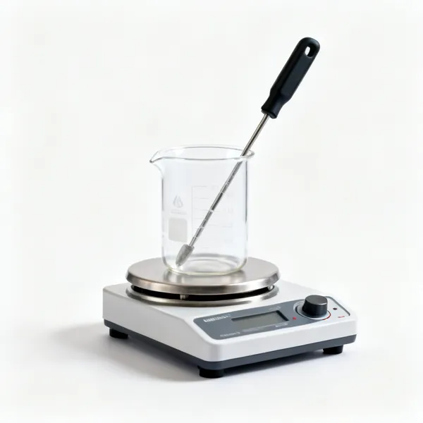 A magnetic stirrer hotplate with a beaker