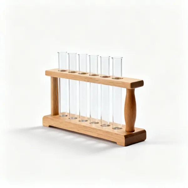 A wooden test tube rack with test tubes