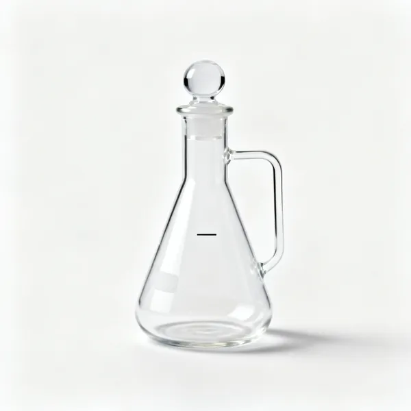 A glass volumetric flask with a stopper and single graduation line