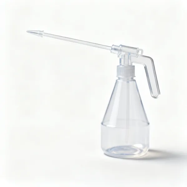A plastic laboratory wash bottle with a nozzle