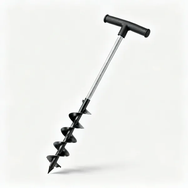 A hand earth auger with a helical drill bit and a T handle