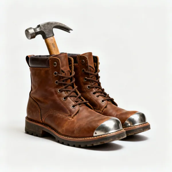 Safety boots: A pair of brown leather safety work boots with steel toecaps