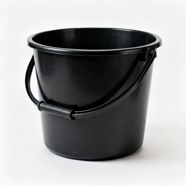 Water bucket: A heavy duty black plastic builder's bucket