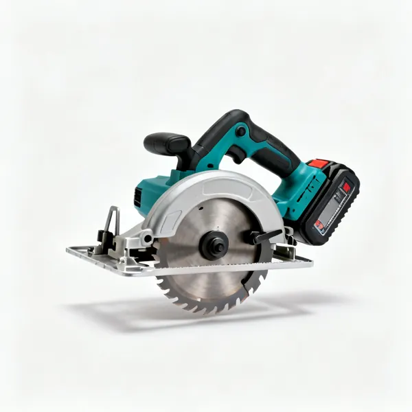 A cordless circular saw with a blade guard, a base plate and a battery