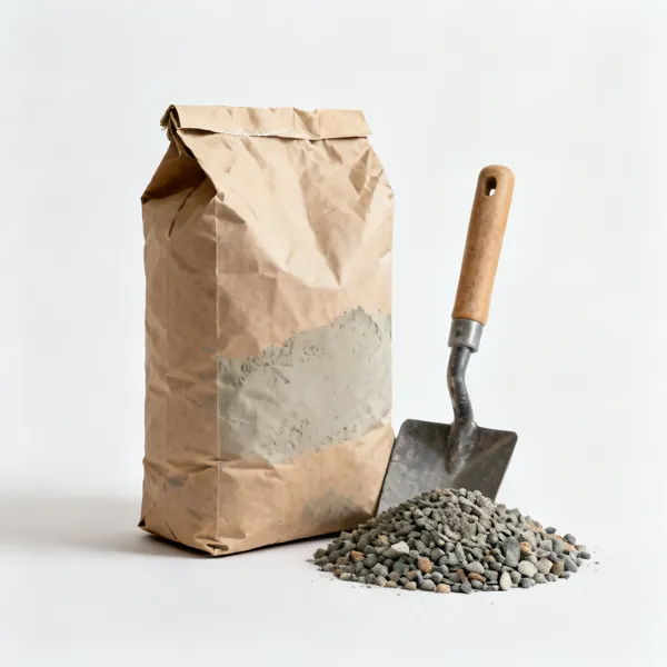 Concrete: A paper bag of cement standing beside a small heap of ballast aggregate, both centred with clear space at every edge