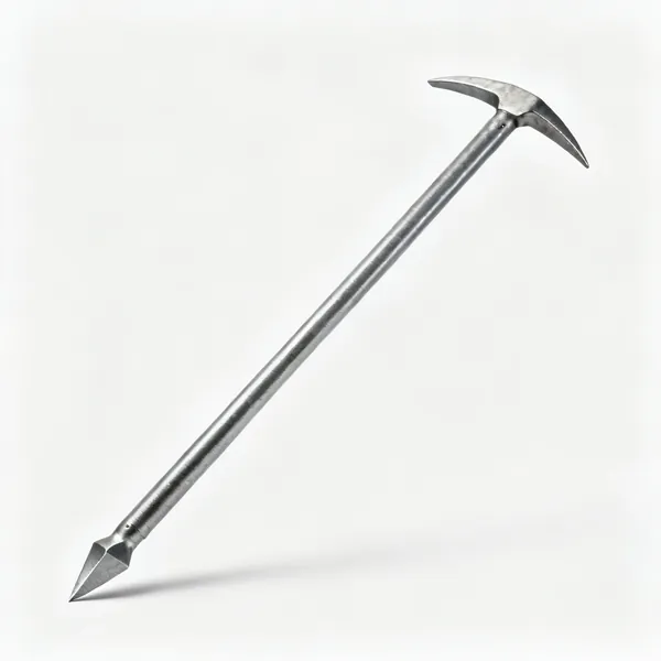 A long steel crowbar with a pointed end and a chisel end