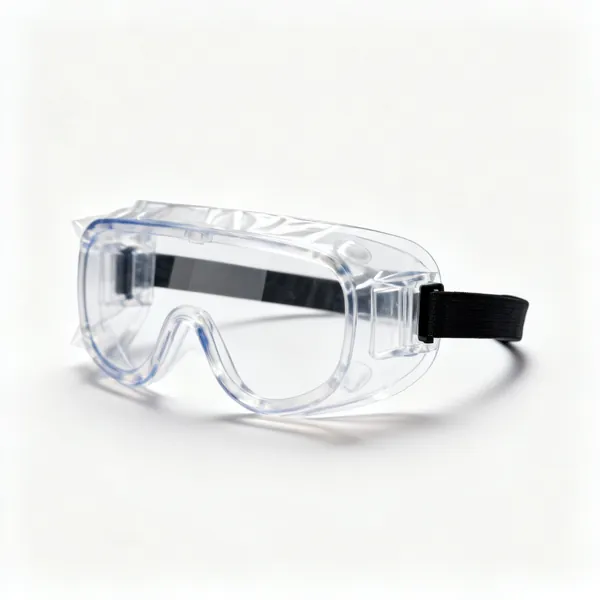 A pair of sealed clear safety goggles with a headband
