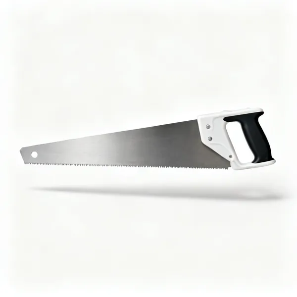 A hardpoint panel handsaw with a plastic handle and a wide steel blade