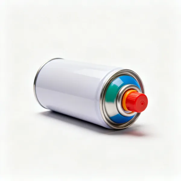 An inverted marking spray paint can with a coloured cap