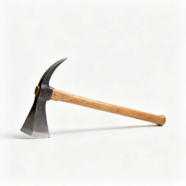 A mattock with a wide adze blade and a pick end on a wooden handle