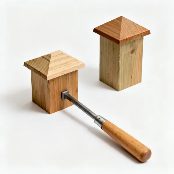 Two wooden fence post caps with sloped tops