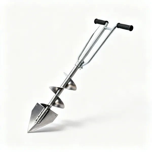 A two handled post hole digger with hinged steel blades