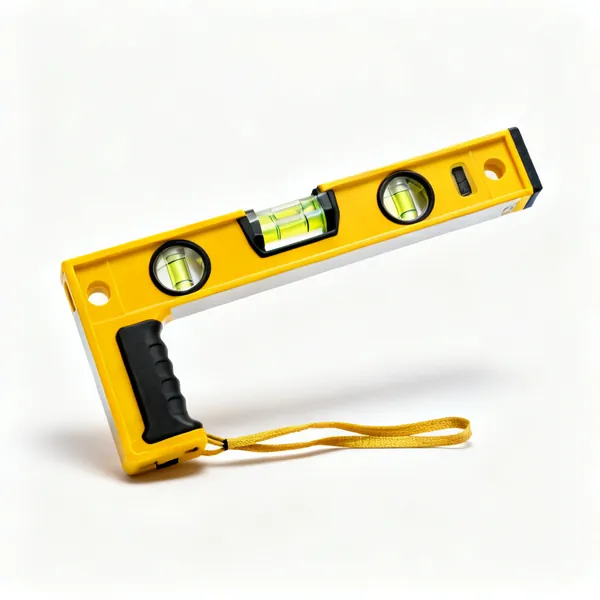 A yellow plastic post level with an L shape, three vials and an elastic strap