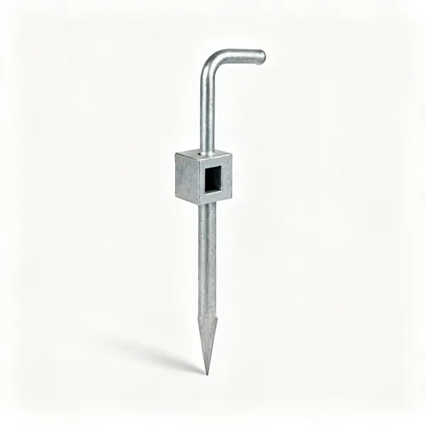 A galvanised steel fence post spike with a square socket
