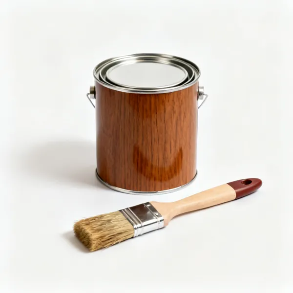 A tin of timber preservative with a brush beside it