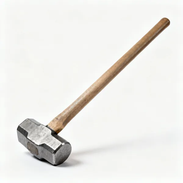 A long handled sledgehammer with a heavy double faced steel head