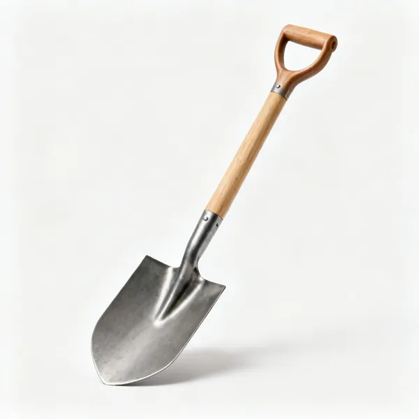 A steel digging spade with a flat blade and a wooden shaft with a D grip
