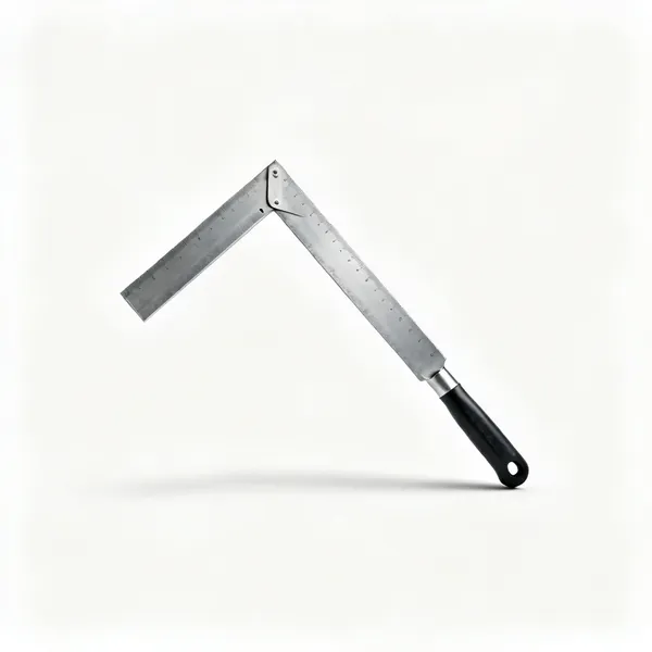 Builder's square: A large flat steel framing square in an L shape