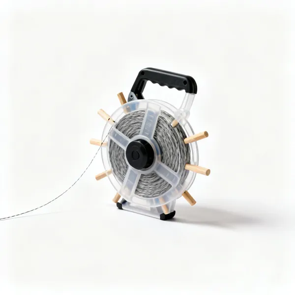 String line and pegs: A builder's string line on a plastic winder with several wooden pegs