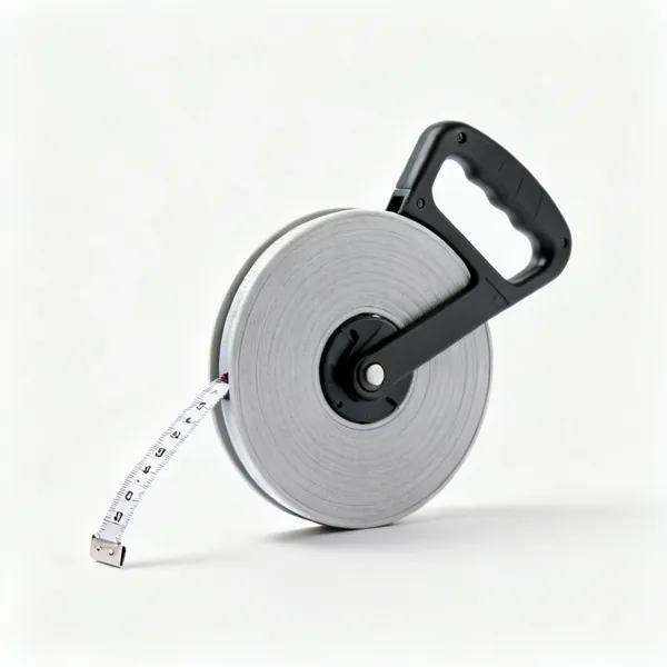 Long tape: An open reel 30 metre fibreglass measuring tape with a winding handle