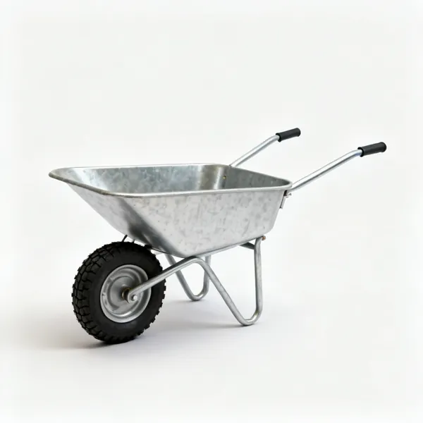 A metal builder's wheelbarrow with a pneumatic tyre