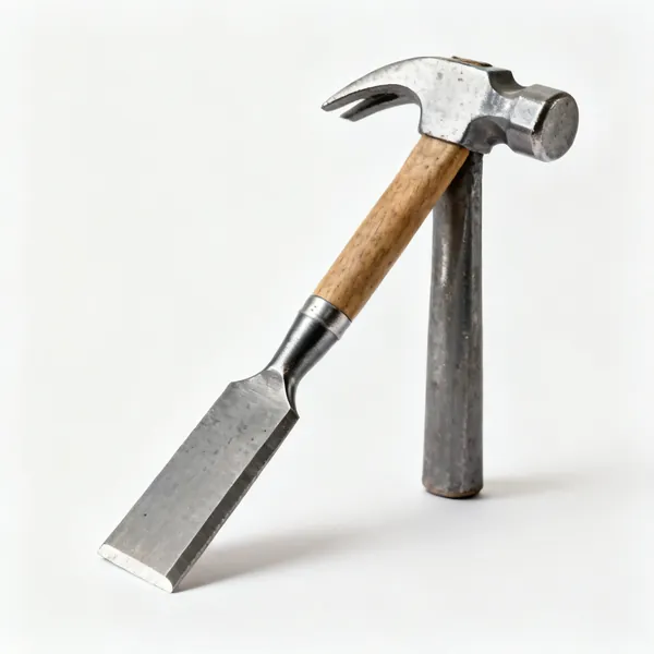 Bolster and club hammer: A wide bolster masonry chisel beside a steel club hammer