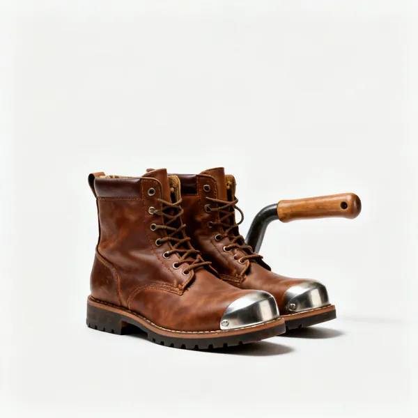 Safety boots: A pair of brown leather safety work boots with steel toecaps