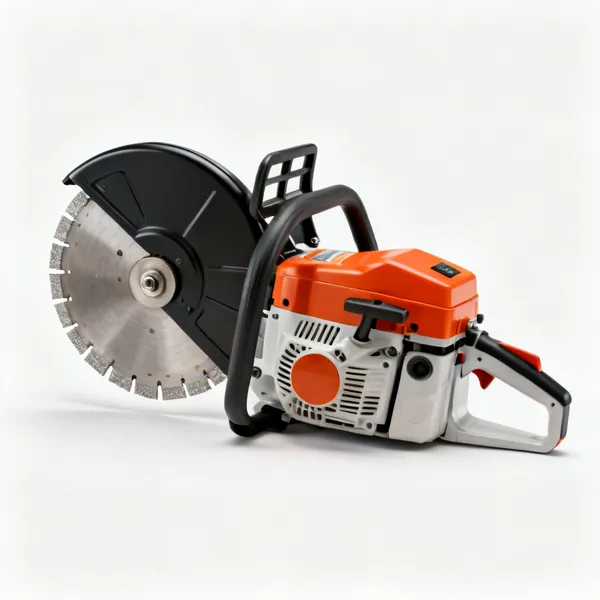 A petrol disc cutter saw with a diamond cutting blade and a guard