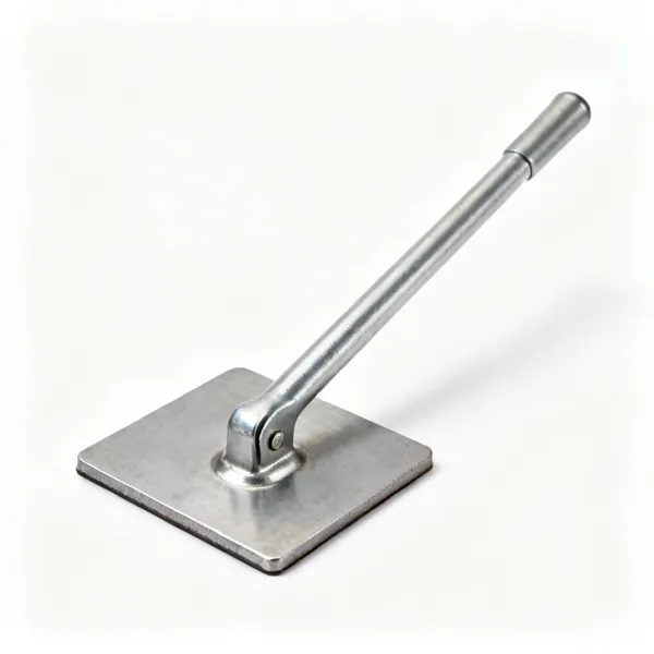 A steel hand tamper compactor with a flat square plate and a long handle