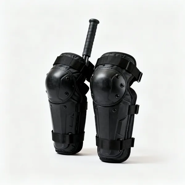 A pair of thick black work knee pads with straps