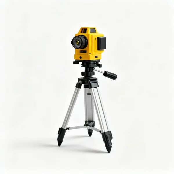 A yellow rotary laser level on a tripod with a spinning head
