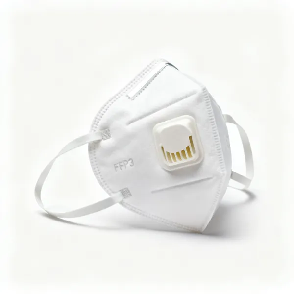 A white FFP3 respirator dust mask with two straps and a nose clip