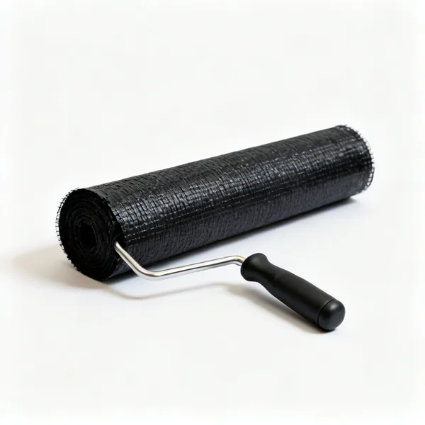 A roll of black geotextile membrane partly unrolled