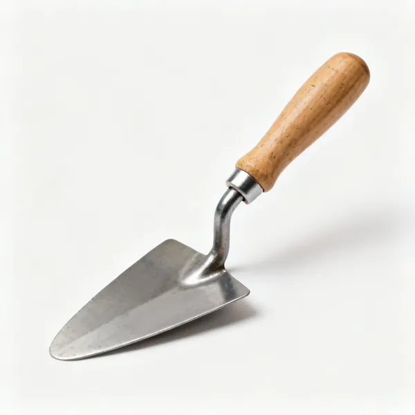 A small steel pointing trowel with a wooden handle