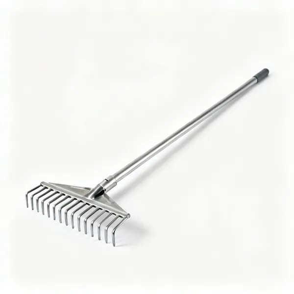 A steel landscape rake with a wide toothed head and a long handle