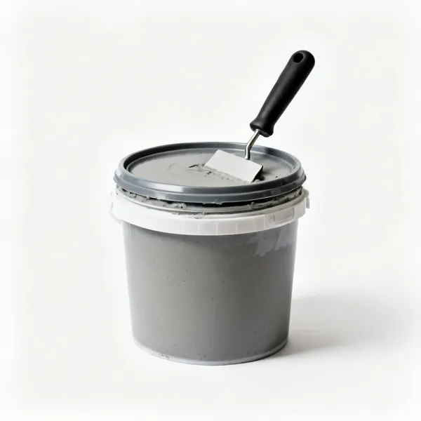 Resin jointing compound: A tub of grey resin paving jointing compound with the lid off