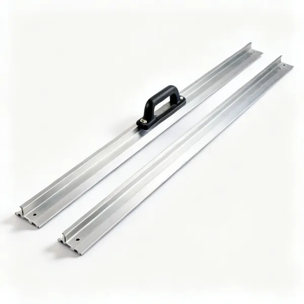 Screed rails: Two aluminium screed rail sections laid parallel