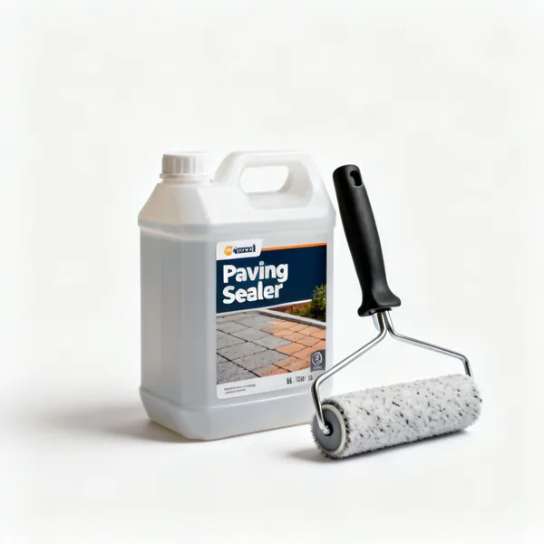 A plastic container of paving sealer with a roller beside it