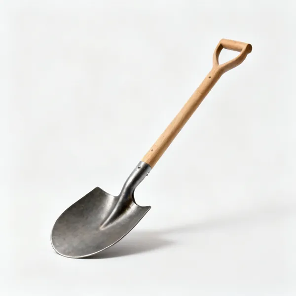 A round mouth steel shovel with a curved blade and a wooden shaft
