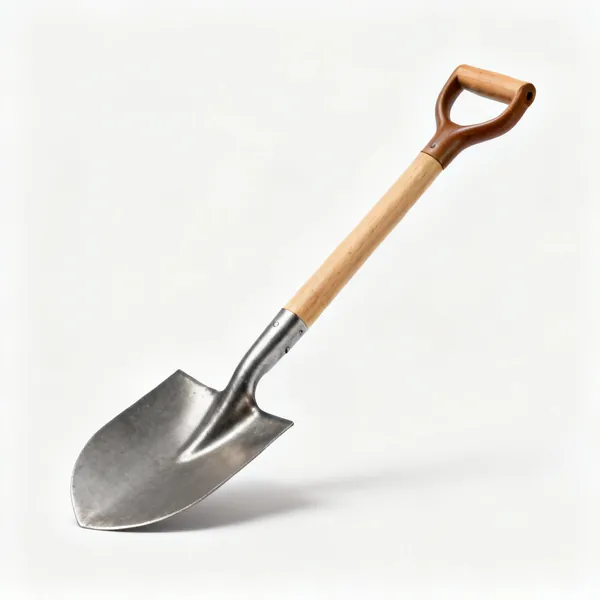 A steel digging spade with a flat blade and a wooden shaft with a D grip