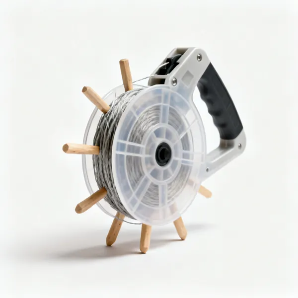 String line and pegs: A builder's string line on a plastic winder with several wooden pegs