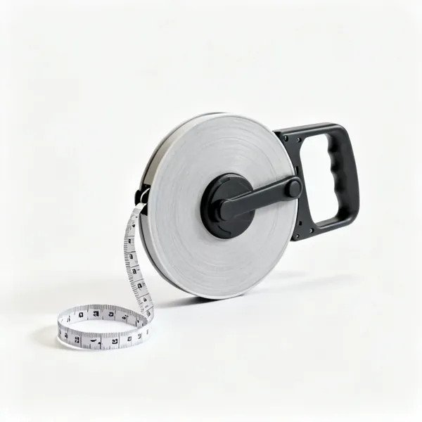Long tape: An open reel 30 metre fibreglass measuring tape with a winding handle