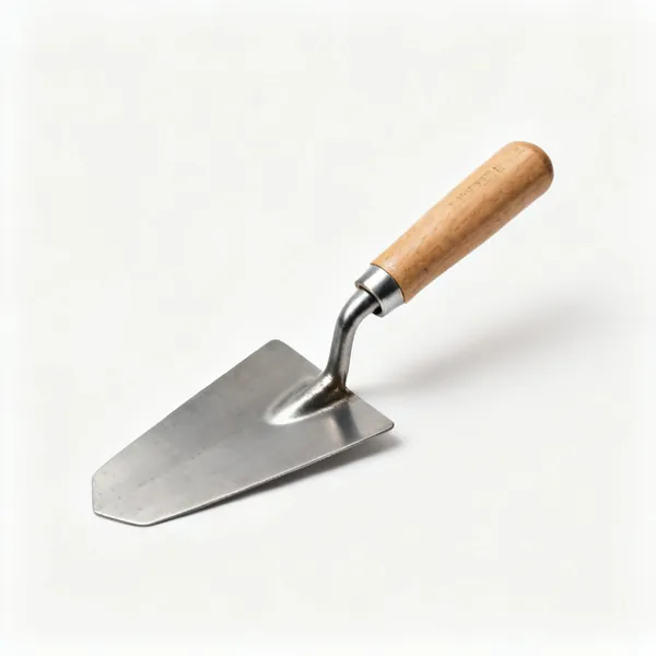 A steel brick trowel with a wooden handle