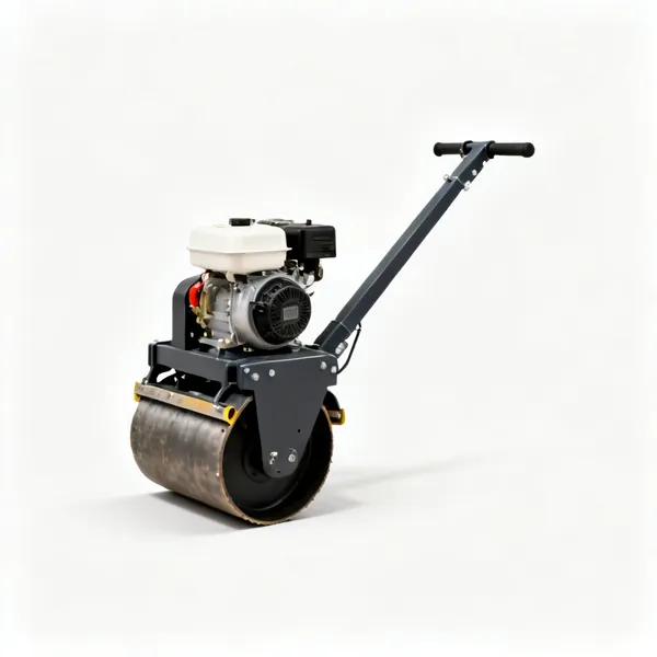 A walk behind vibrating roller compactor with a drum and a handle