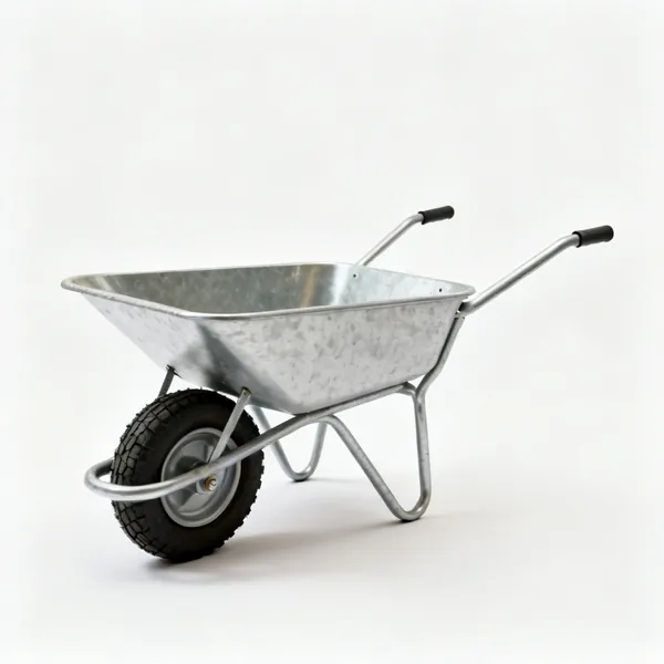 A metal builder's wheelbarrow with a pneumatic tyre