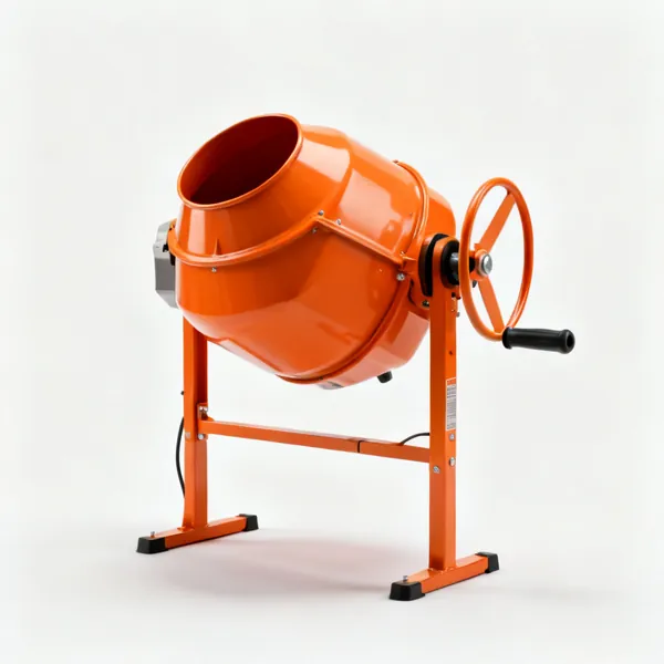 An orange electric cement mixer